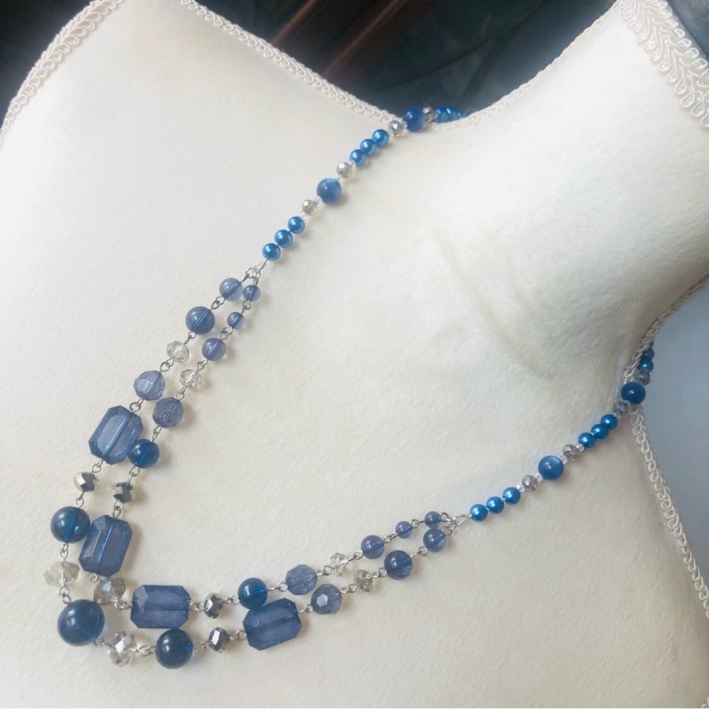 Handcrafted blue tone recycled vintage bead Czech glass pearl necklace